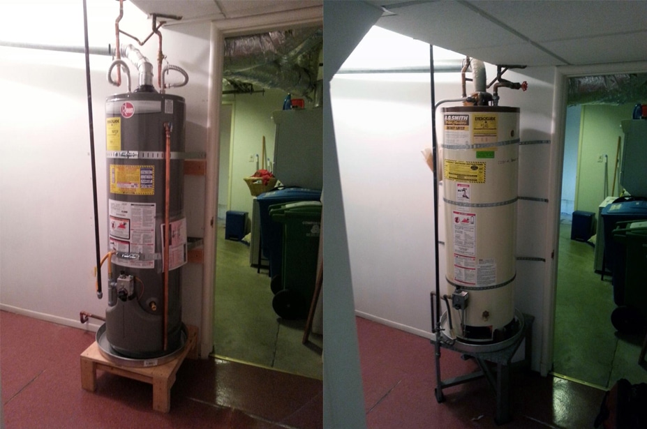 A new water heater being compared to the old water heater